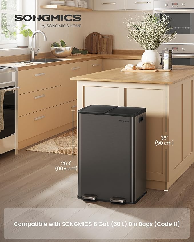 SONGMICS Trash Can, 2 x 8 Gallon (2 x 30 L) Dual-Compartment Garbage Can with Soft-Close Lid, Pedal and Inner Buckets, Stainless Steel, Includes 15 Liner Bags, Slate Gray ULTB741G01