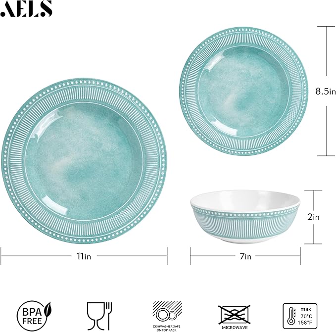 AELS Melamine Dinnerware Set of 18 Pcs, Dinner Dishes Set for Indoor and Outdoor Use, Melamine Plates and Bowls Set for 6, Dishwasher Safe, Lightweight Unbreakable, BPA Free, Green