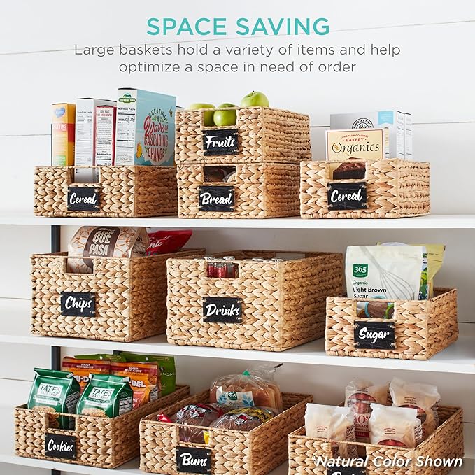Best Choice Products Set of 4 16x12in Large Water Hyacinth Pantry Baskets, Woven Organizers w/Chalkboard Label, Chalk Marker - Chestnut