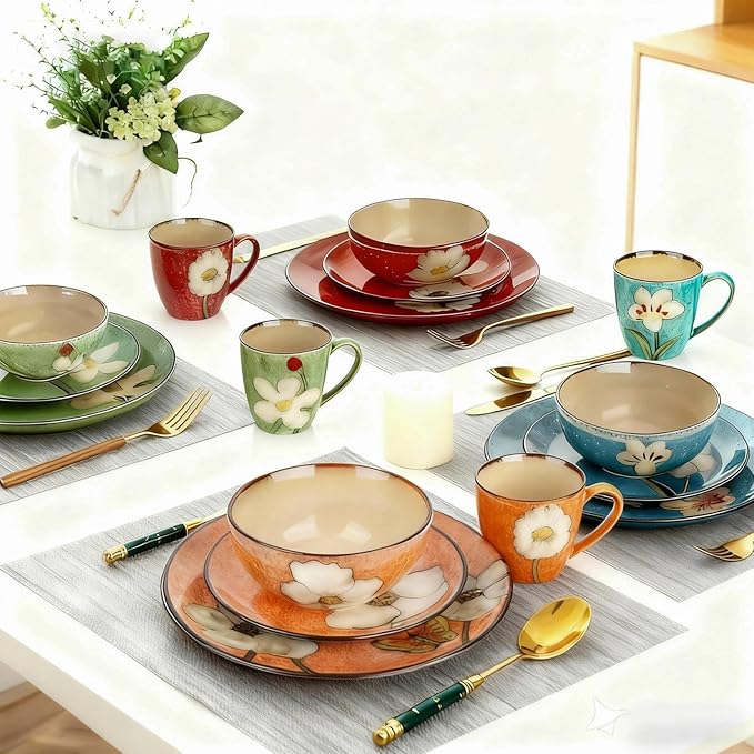 Stoneware 16-Piece Modern Dinnerware Set,Kitchen Plates Bowls and Mug Sets Serves 4,Dishwasher and Microwave Safe,4 colors (Service for 4(16Pcs))