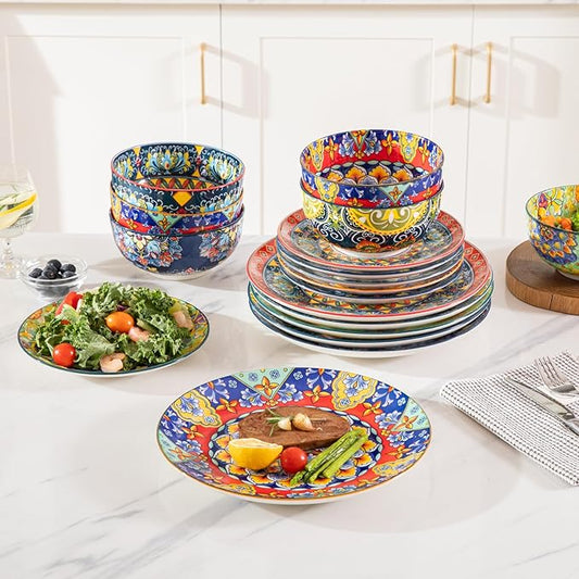 Sweejar Ceramic Dinnerware Sets for 8,24 Pieces Boho Plates and Bowls for Kitchen,Housewaring Gift,Bohemian Style Dish Set,Dishwasher and Microwave Safe(Colorful)
