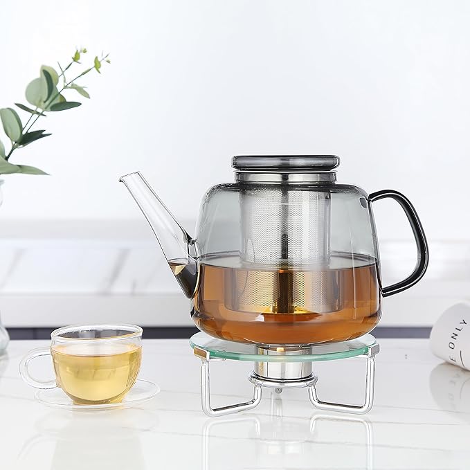 Easyworkz Borosilicate Glass Teapot 50oz with Large Stainless Steel Removable Loose Tea Infuser for Fruit Herbal and Infusion, Smoke Grey