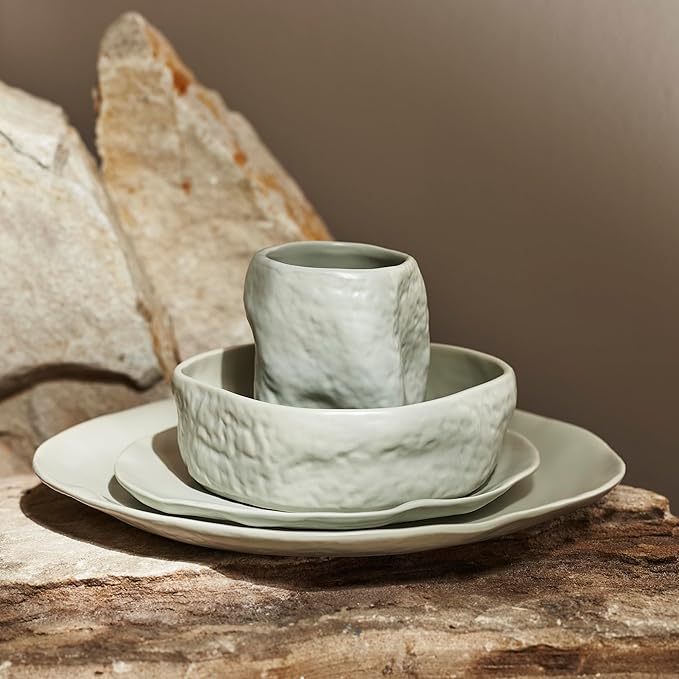 Stone by Mercer Project Atik Modern Stoneware 32-Piece Dinnerware Set, Plate and Bowl Set, Dish set for 8, Sage-Grey