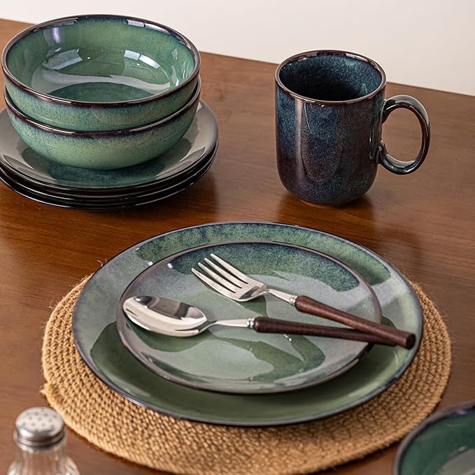 16 Piece Dinnerware Sets for 4， Scratch Resistant,microwave oven and Dishwasher Safe Plates and Bowls Sets Ceramic, Dish Set, Bowl and Plate Set -Kiln turns foggy green