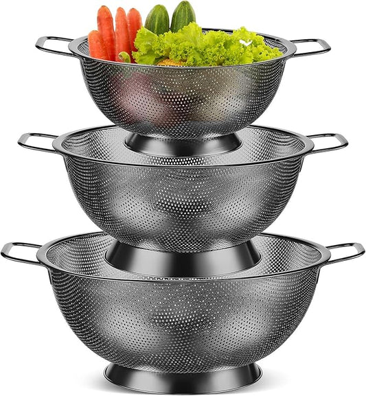 Bokon 3 Pcs Stainless Steel Colander Set Colander Bowl and Sieves 1/3/5 Quart Metal Mesh Strainer Net Basket with Handles Food Spaghetti Strainer for Kitchen Draining Pasta Rinsing(Black)