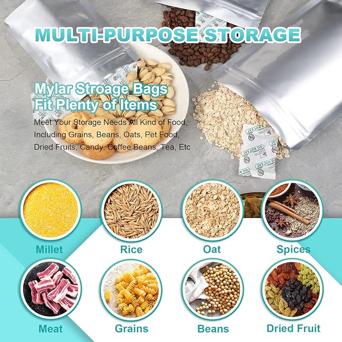 SHXWELL 50pcs 1 Quart Mylar Bags for Food Storage, 7"x10" 10 Mil Stand-Up Zipper Pouches Resealable and Heat Sealable for Long Term Food Storage(7"x10", Extra Thick)