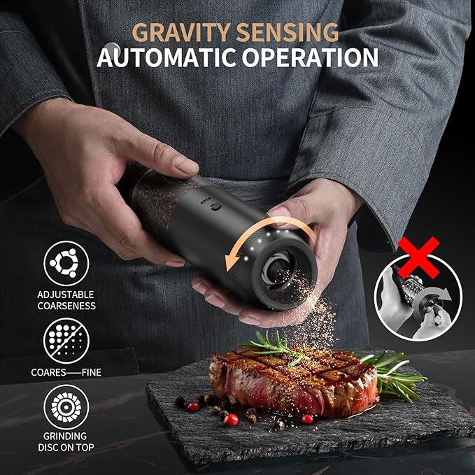 Gravity Electric Salt and Pepper Grinder Set, Automatic Salt and Pepper Mill Sets with LED Light, Type C Charging, Adjustable Coarseness, Large Capacity(2 Pack Black/White)