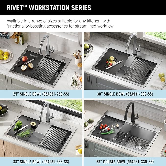 DELTA FAUCET Rivet 30-Inch Workstation Kitchen Sink Drop-In Top Mount 16 Gauge Stainless Steel Single Bowl with WorkFlow Ledge and Chef’s Kit of 5 Accessories, 95A931-30S-SS