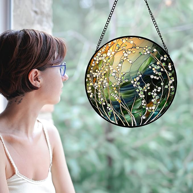 Stained Glass Suncatcher, Yellow Green Gradient Flower Sun Catcher Plants Stain Glass Window Hanging Decoration Mother's Day Birthday Gifts for Women Men Mom and Nana 6.3 in