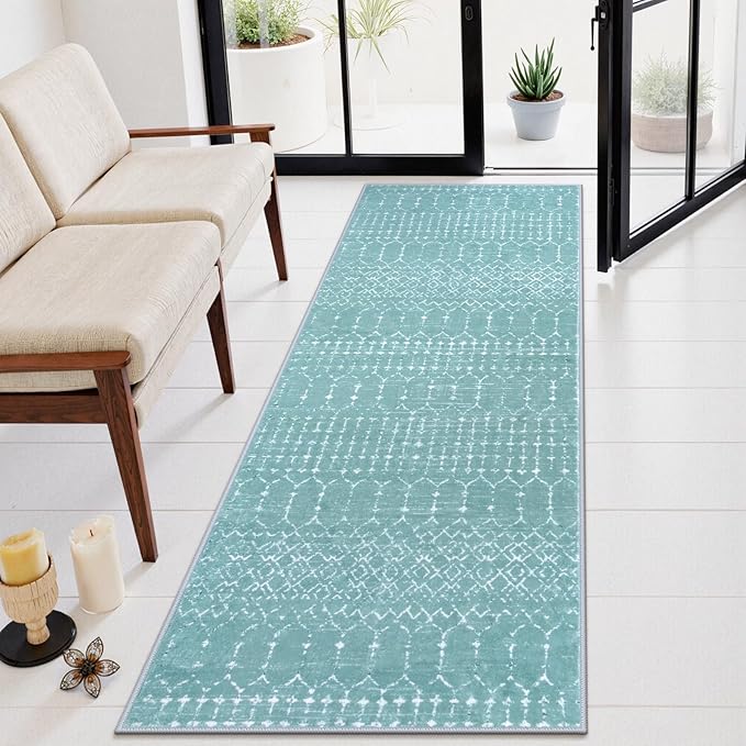 Lahome Moroccan Green Runner Rug 2x6 - Washable Non-Slip Hallway Rug Runner Kitchen Throw Untra-Thin Entryway Carpet, Geometric Print Distressed Floor Mat for Hallways Bedroom