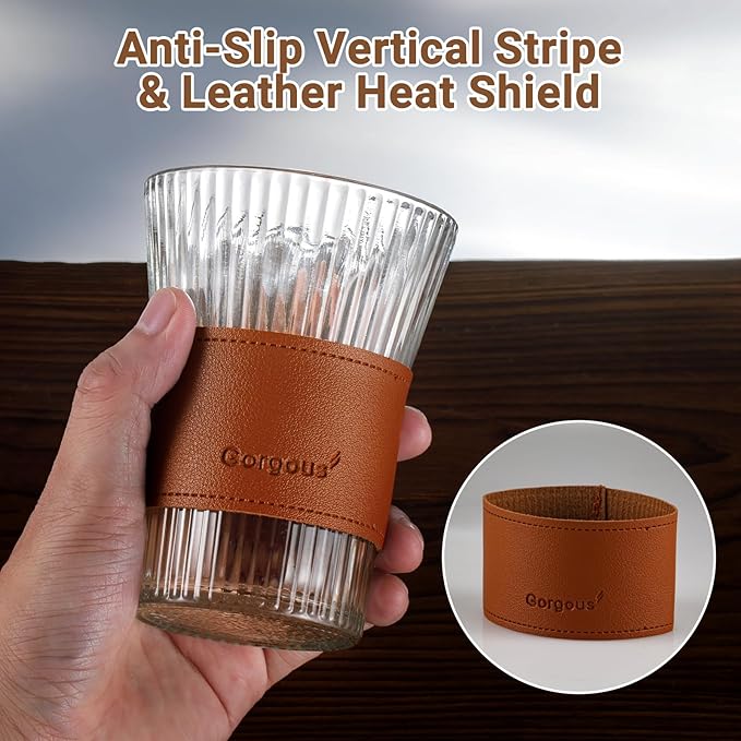 8oz Ribbed Glass Cups Set of 8 with Leather Grip, Clear Drinking Glasses for Iced Coffee, Latte, Cappuccino, Cocktail, Juice, Whiskey, Milk & Tea