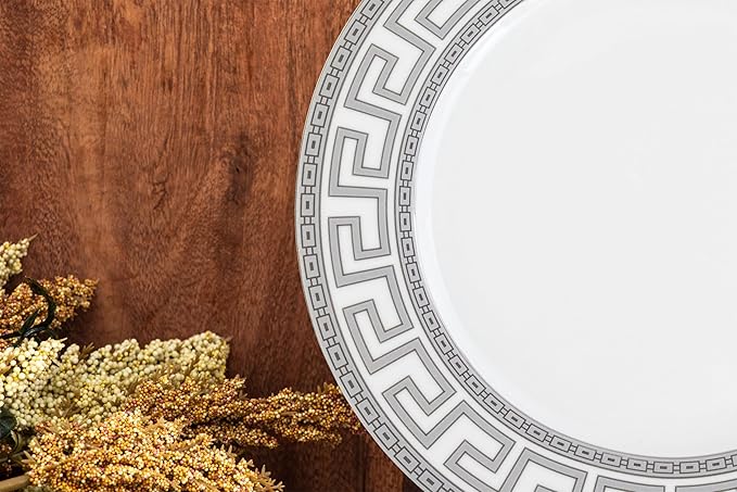 Porcelain Dinnerware Set for 1 - White and Silver Luxurious 4 Piece Greek Key Design - Elegant Dinner Plates with Mugs - Dining Kitchenware for Home, Formal Occasions and Everyday Dishes