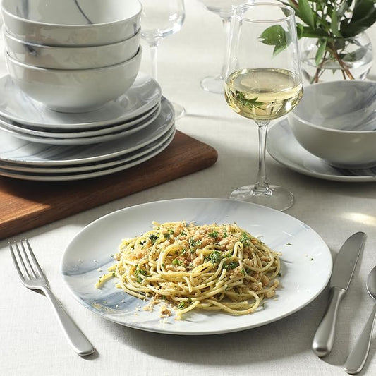 Gibson Home Cloudlight 12 Piece Plates and Bowls Dishes Blue and White - Decorated Porcelain Ceramic Dinnerware Set - Service for 4