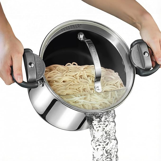 GOTHAM STEEL 8 Qt Stainless Steel Stock Pot Multipurpose Pasta Pot with Strainer Lid & Twist and Lock Handles, for Soup, Spaghetti, Rice, Induction Ready, Dishwasher Safe