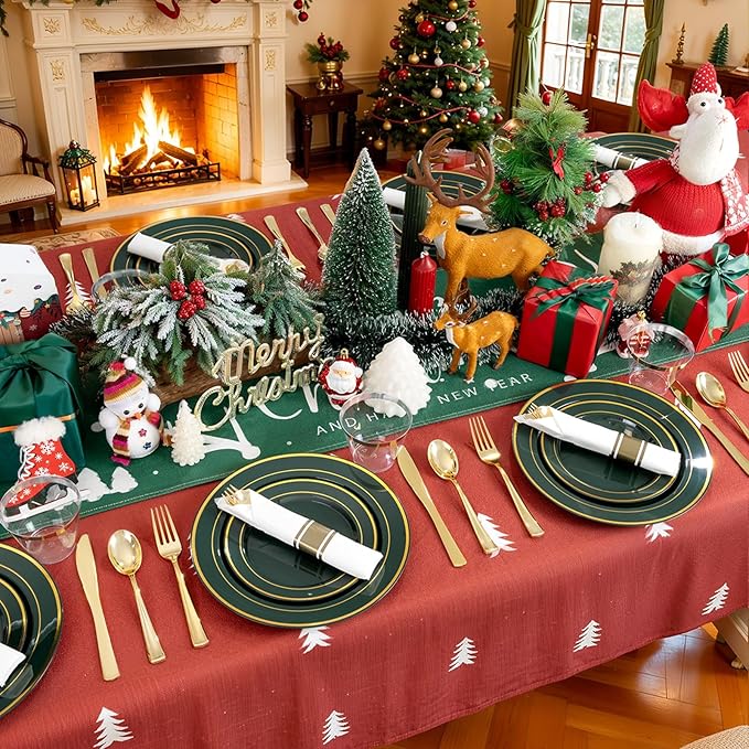 350PCS Green and Gold Plates - Green Plastic Plates 50Guests Plastic Christmas Plate with Rolled Napkins for Party/Christmas/Birthday