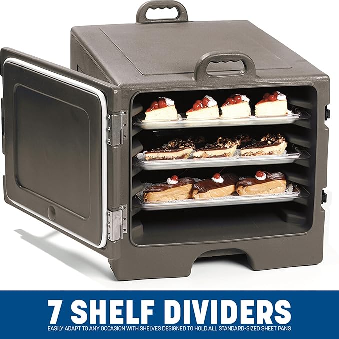 Carlisle FoodService Products Insulated Food Pan Carrier, Holds 7 Sheet Pans (Sold Separately), Front-Loading Cateraide with Handles, Rugged PE Shell with PU Insulation, Brown