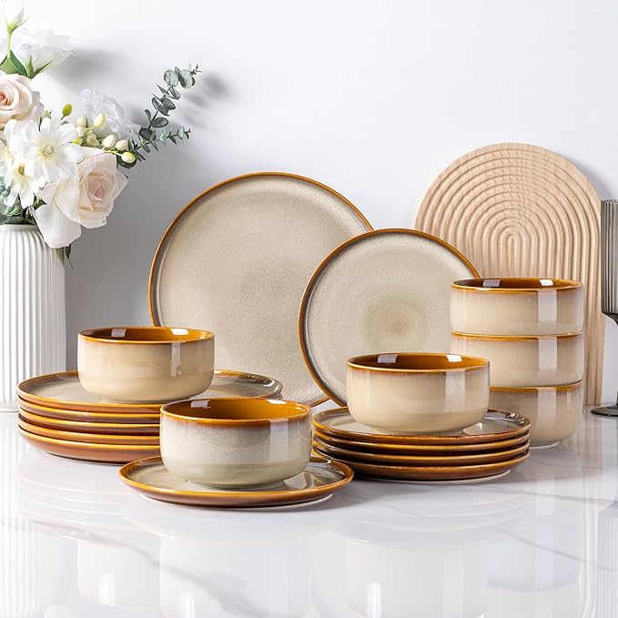 LeRatio Ceramic Dinnerware Sets for 6,Poreclain Plates and Bowls Sets,Handmade Reactive Glaze Dishes Set,Chip Resistant and Scratch Resistant | Oven&Dishwasher & Microwave Safe)-Kahki(18PCS)