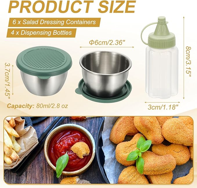 uxcell 1 Set 2.8oz Stainless Steel Salad Dressing Containers with Silicone Lids, Reusable Dipping Sauces Cups, Leakproof Condiment Containers for Picnic Travel Kitchen, Green