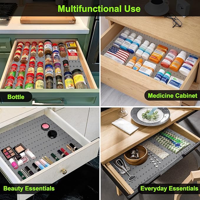 Gosmol Spice Drawer Organizer insert, Adjustable & Non-Slip Silicone Spice Drawer Liner for Seasoning Jars and Spice Bottles, Set of 2-Grey