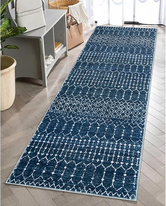 Lahome Moroccan Washable Kitchen Runner - 2x8 Carpet Runners for Hallway 8Ft Low-Profile Non-Slip, Indoor Geometric Print Distressed Rug for Entryway Laundry Room Foyer, (Blue,2'x8')