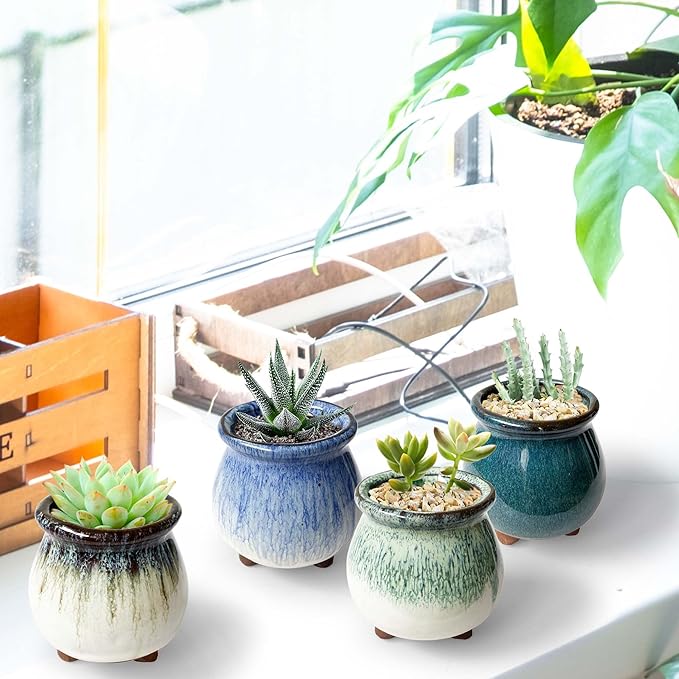 3 inch Glaze Handcraft Ceramic Pot Set, Tiny Cactus Planter with Drainage, Mini Cactus Pots Desk Shelf Decor, Cute Set of 4 Succulent Planter Pots