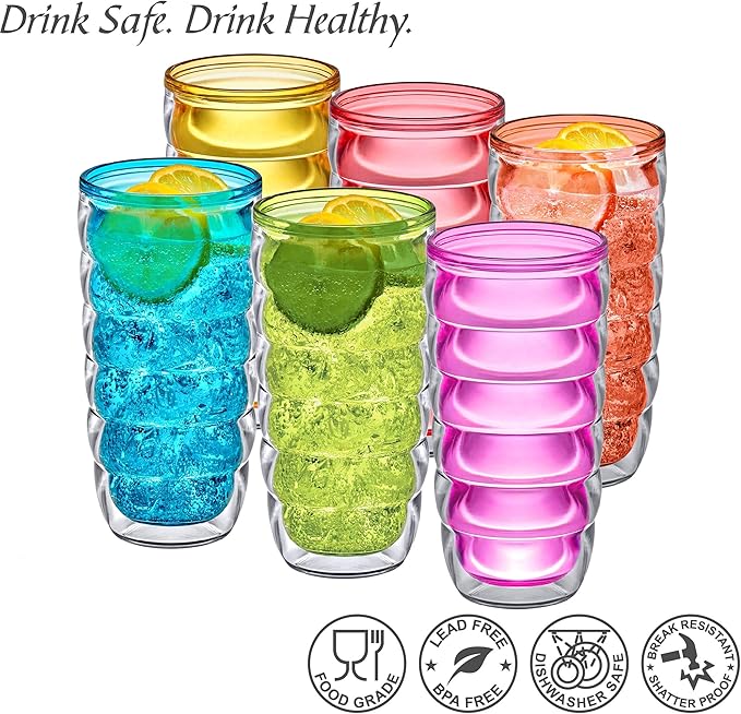 Amazing Abby - Arctic - 24-Ounce Insulated Plastic Tumblers (Set of 6), Double-Wall Plastic Drinking Glasses, Mixed-Color Reusable Cups, BPA-Free, Shatter-Proof, Dishwasher-Safe
