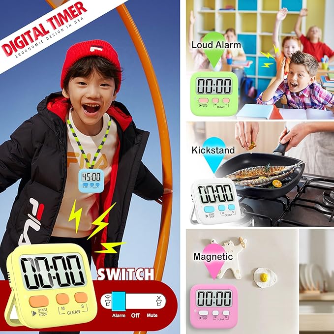 Antonki 2 Pack Digital Timer for Kids, Magnetic Countdown Kitchen Timers for Cooking, Egg, Classroom, Teacher, Exercise, Study, Oven - Battery Included