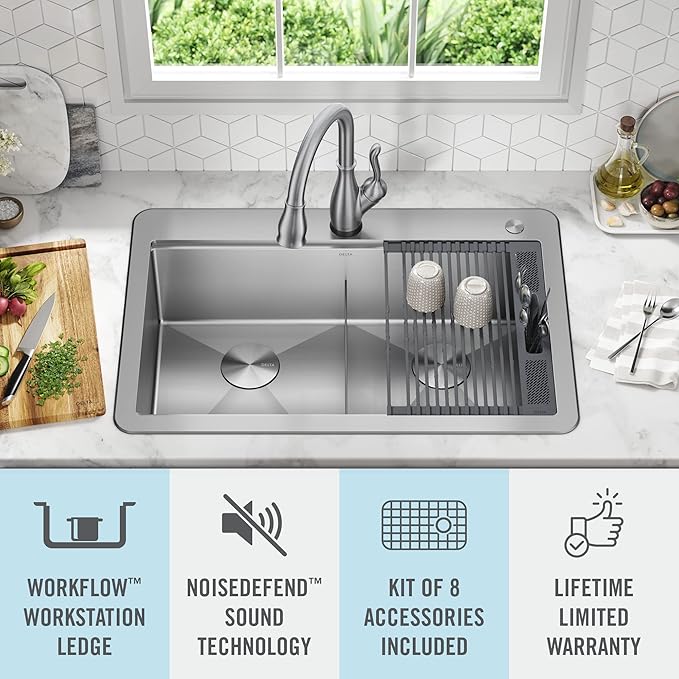 DELTA FAUCET 95A9032-T33D-SS Lorelai Workstation Kitchen Sink Drop-In Top Mount 16 Gauge Stainless Steel Double Bowl with WorkFlow Ledge and Chef’s Kit of 8 Accessories, 33 Inch