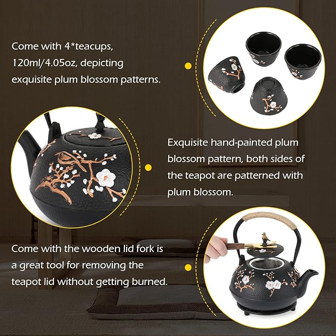 Dyna-Living Cast Iron Teapot 1200ml/40.6oz Japanese Tea Set with 4 Tea Cups Japanese Cast Iron Teapot with Infuser Japanese Tea Kettle Stovetop Gift for Tea Lover