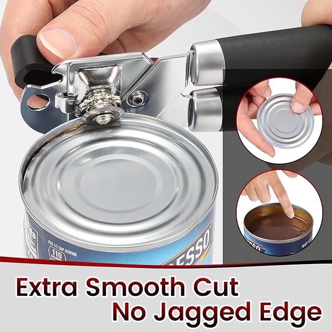 Can Opener Manual with Magnet, Vayvnt Heavy Duty Stainless Steel Can Opener Smooth Edge, Rubber Grip Handle & Easy Turn Knob, Multifunctional Kitchen Gadget for Seniors, Sharp Cutting Blade, Black