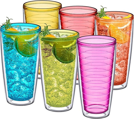 Amazing Abby - Alaska - 24-Ounce Insulated Plastic Tumblers (Set of 6), Double-Wall Plastic Drinking Glasses, Mixed-Color Reusable Cups, BPA-Free, Shatter-Proof, Dishwasher-Safe
