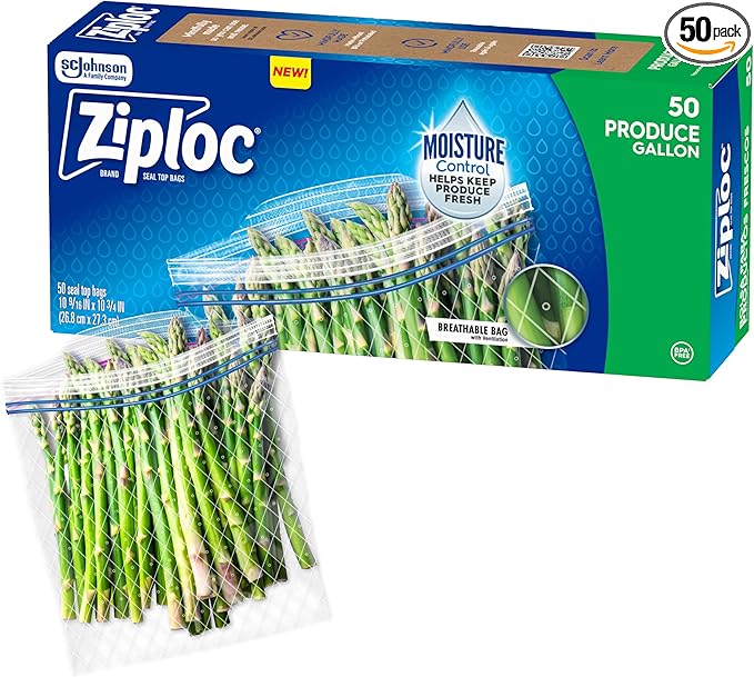 Ziploc Food Storage Produce Bags, Seal Top to Keep and Control Moisture, 50 Bags Total