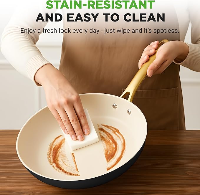 NutriChef 12-Inch Professional Ceramic Frying Pan With Lid - Large Skillet with Golden Titanium Handle, Non-Stick Ceramic Coating, Stain-Resistant, Easy to Clean, Ideal for Home Cooking