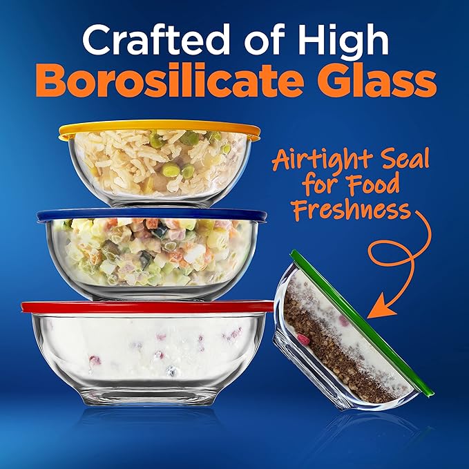 NutriChef 4‑Piece Glass Mixing Bowls with Lids – Premium Borosilicate Glass Bowl Set (1 QT‑3.7 QT) – Non‑Toxic Bowls with Airtight Lids for Mixing, Baking, Serving & Storage