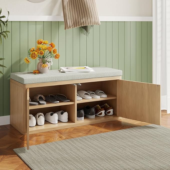 Entryway Shoe Storage Bench with 2" Cushion, 37.4" Small Bench with Shoe Rack, Cabinet Organizer for Hallway，Bedroom End of Bed,Light Oak