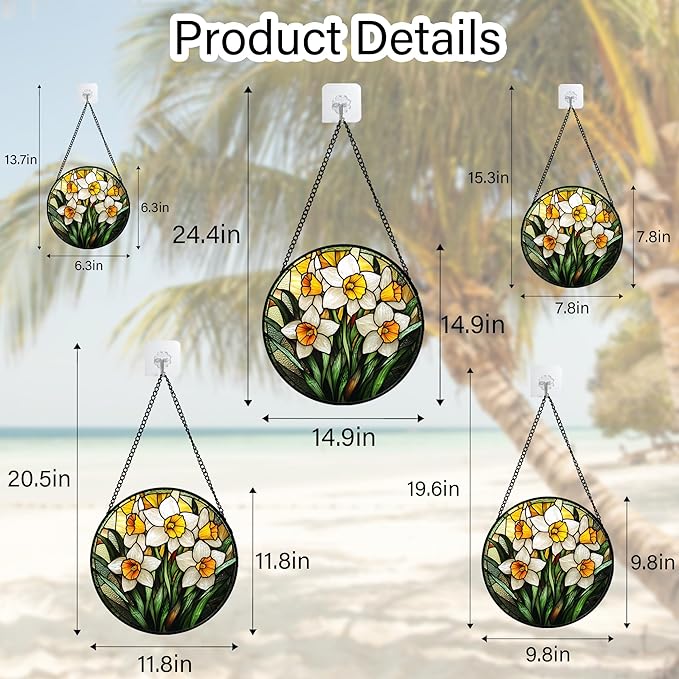 Stained Glass Window Hanging, Yellow and White Daffodils Sun Catcher for Door Home Decor Plants Flowers Suncatcher Christmas Mother's Day Birthday Gifts for Women Men Mom Nana 7.8 in