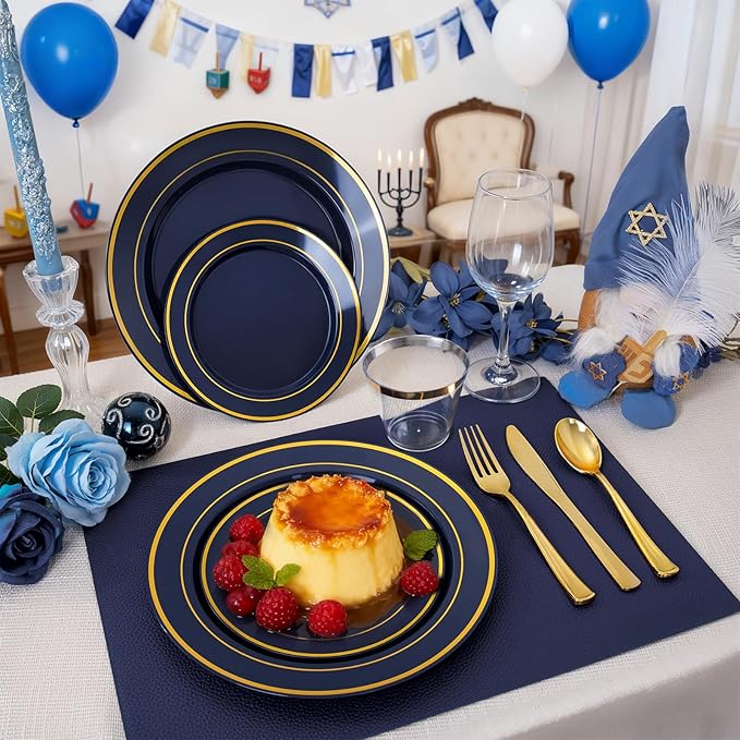 350PCS Navy Blue and Gold Plastic Plates with Rolled Napkins Include Dinner Plate 10’’, Dessert Plate 7’’, gold Cups 9 OZ, Pre Rolled Napkins 25 of each type for Hanukkah Wedding
