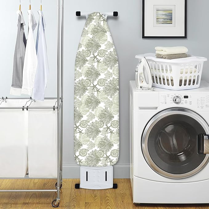 Extra Thick Ironing Board Cover and Pad, Coastal Summer Beach Coral Starfish 15x54 Ironing Board Cover, Resist Scorching and Staining,Elastic Edges,Seaside Conch Nautical Green White