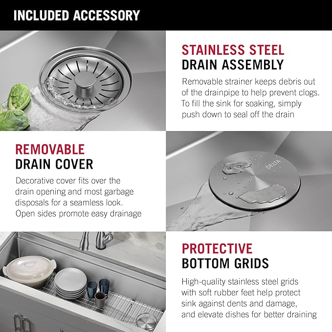 DELTA FAUCET Lorelai 45-inch Workstation Kitchen Sink Undermount 16 Gauge Stainless Steel Single Bowl with 2-Tier WorkFlow Ledge and Chef’s Kit of 11 Accessories, 95BA132-45S-SS