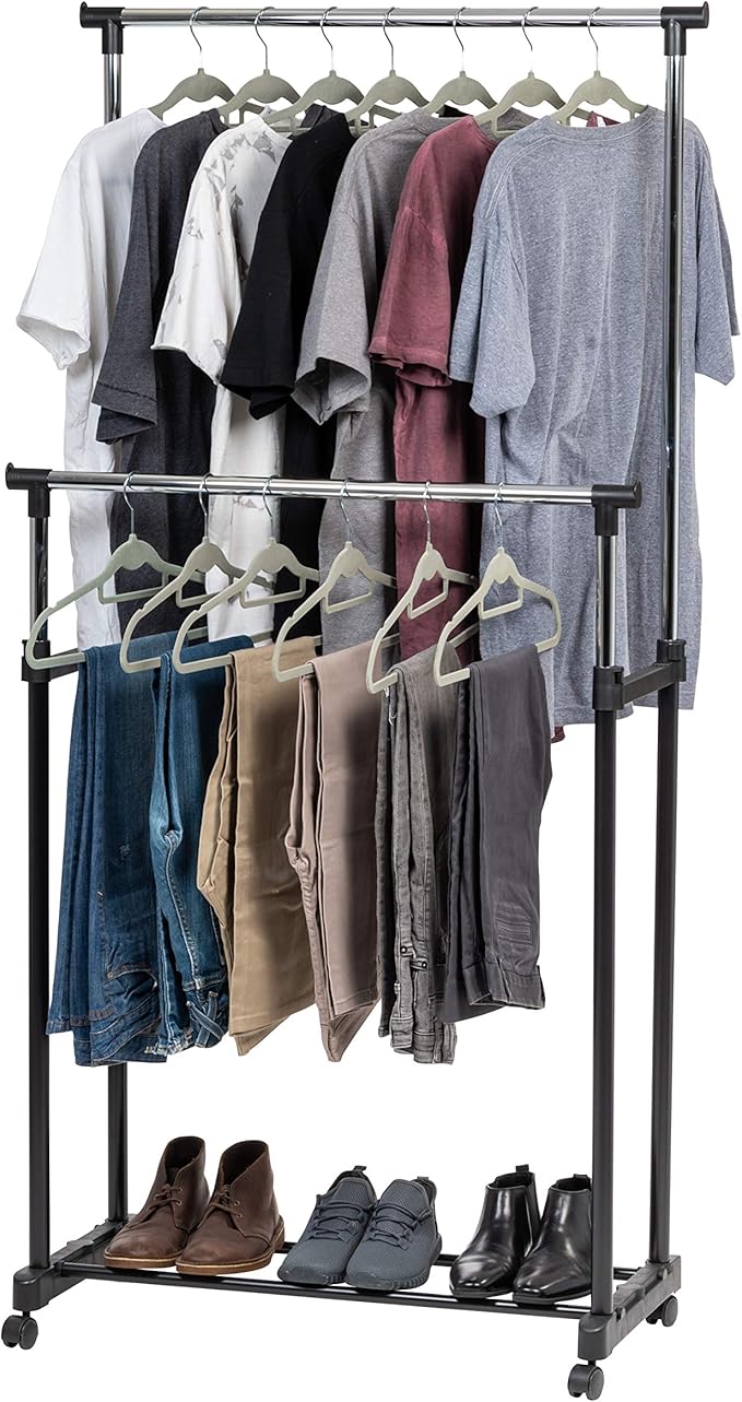 IRIS USA Clothes Rack, Portable Double-Rod Height Adjustable with Lockable Wheels, Rolling Garment Rack, Double Rod Wardrobe Rack, Easy Assemble, for Clothes, Belts, Shoes, and Bags