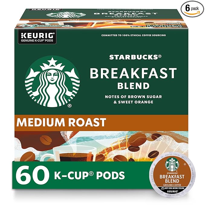 Starbucks K-Cup Coffee Pods, Medium Roast Hot or Iced Coffee, Breakfast Blend, 60 Keurig Pods