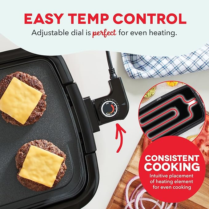 DASH Deluxe Everyday Electric Griddle with Dishwasher Safe Removable Nonstick Cooking Plate for Pancakes, Burgers, Eggs and more, Includes Drip Tray + Recipe Book, 20” x 10.5”, 1500-Watt - Red