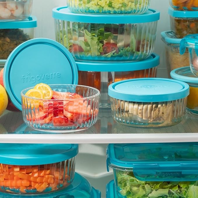 Bormioli Rocco Frigoverre Brilliante 3 Piece Set, Ribbed Round Glass Containers with Silicone Covers - Scratch-Resistant Nesting Bowls for Storage or Prep - 13.25oz, 27.75oz & 51.75oz