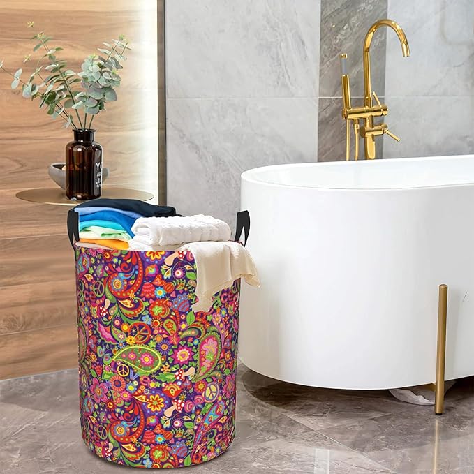 Boho Hippie Flowers Laundry Basket,Vivid Peace Foldable Laundry Hamper Waterproof Oxford Cloth Tote Bag,Clothes Storage Bucket Decorative Toy Organizer For Bathroom Bedroom 16" x 20"