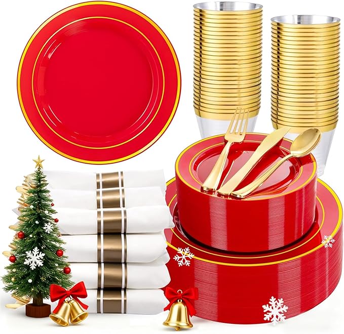350Pieces Red Plastic Plates with Gold Rim Include 50Dinner Plate 10”, 50Dessert Plate 7”, 50 gold Cups 9 OZ, 50 Pre Rolled Napkins for Christmas Party
