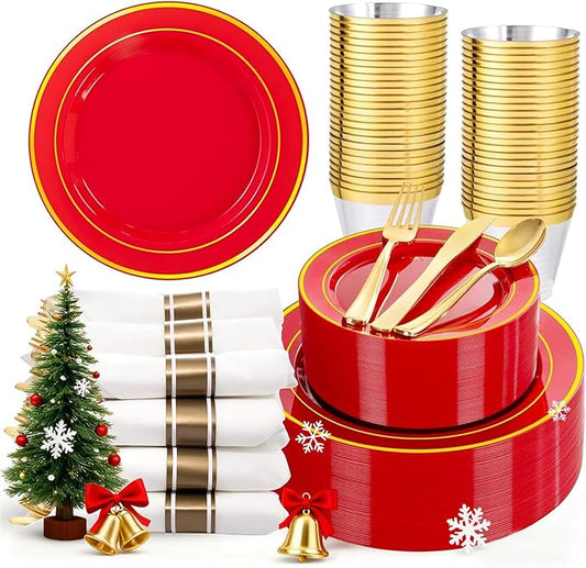 350Pieces Red Plastic Plates with Gold Rim Include 50Dinner Plate 10”, 50Dessert Plate 7”, 50 gold Cups 9 OZ, 50 Pre Rolled Napkins for Christmas Party