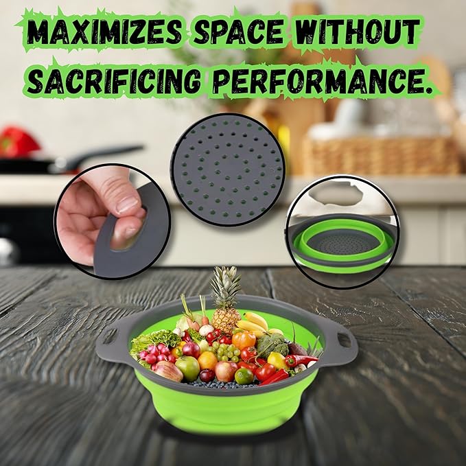 Collapsible Colander Set,Premium Food Grade Silicone Folding Strainers with Handles Space Saving Colanders for Draining Pasta,Vegetables & Fruits,Ideal for Kitchen & Travel (2pc)