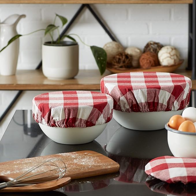 DII Reusable Cloth Bowl Cover Collection Machine Washable, Cotton with Elastic Stretch for Food Storage, 10.25"/8.25"/7.5" Diameter, Farmhouse Plaid, Barn Red, 3 Piece