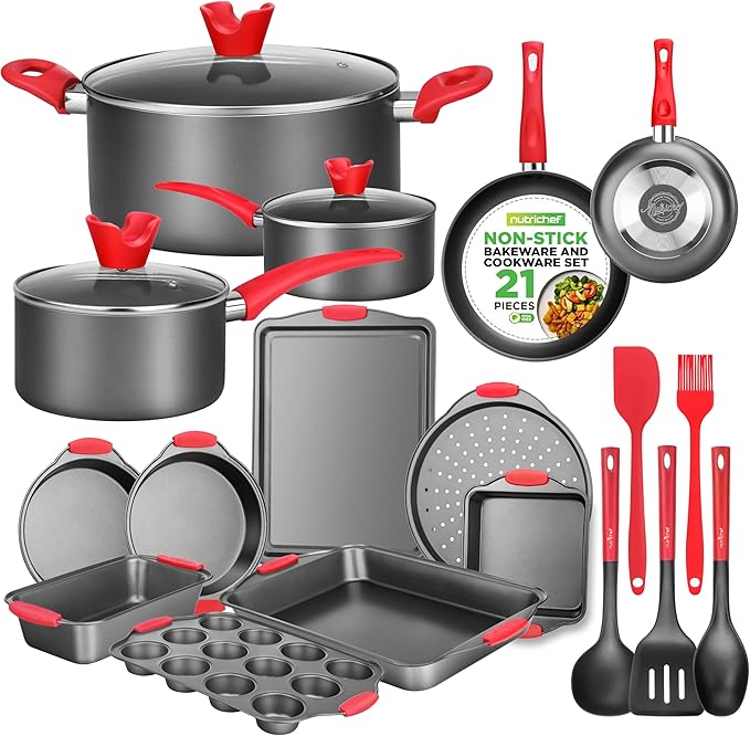 NutriChef Non-Stick Cookware 21-Piece Set, Includes Pots & Pans, Bakeware, & Cooking Utensils w/ Silicone Handles - Complete Set for Gas, Electric, & Ceramic Cooktops - PTFE/PFOA/PFOS Free, Black