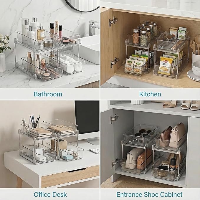 Bathroom Organizers and Storage,2-Tier Clear Under Sink and Pull-Out Cabinet Organizer with Track for Kitchen, Pantry,Vanity Countertop,Medicine Cabinet,Closet Drawers Bins